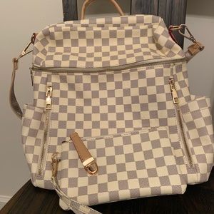 White checkered backpack with wristlet